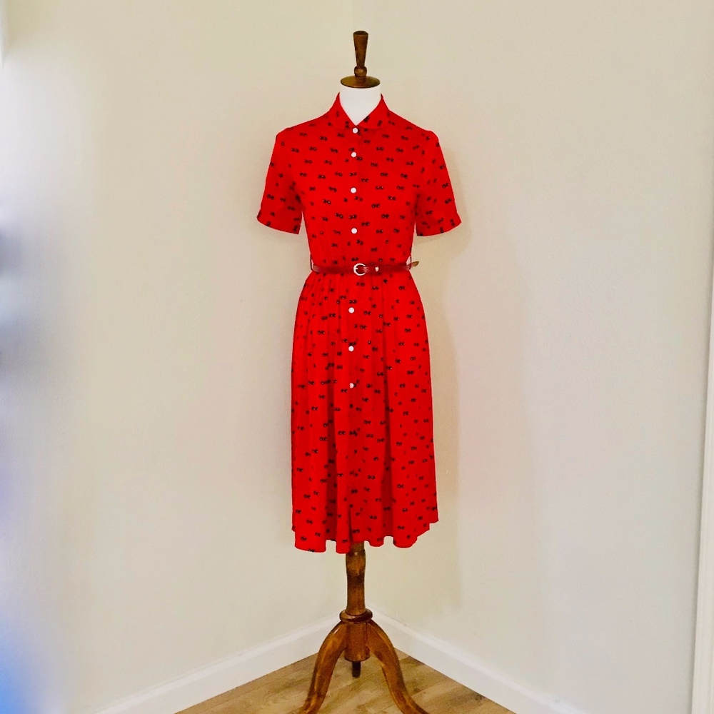 Red Work Sheath Printed Shirt Dress with Belt